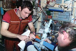  Dezhurov and Strekalov examine model of Mir 